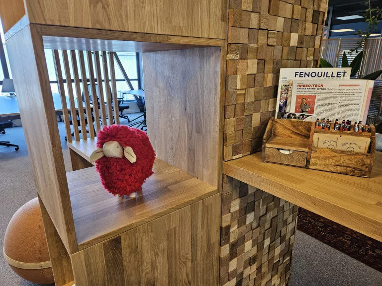 Espace de coworking avec bibliothèque en bois